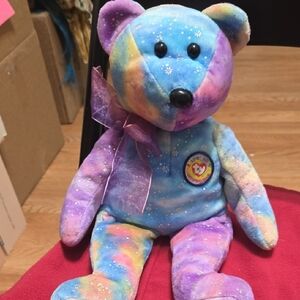 Ty Multicolor Galaxy Bear Plush with Purple Ribbon Clubby VI Sparkly